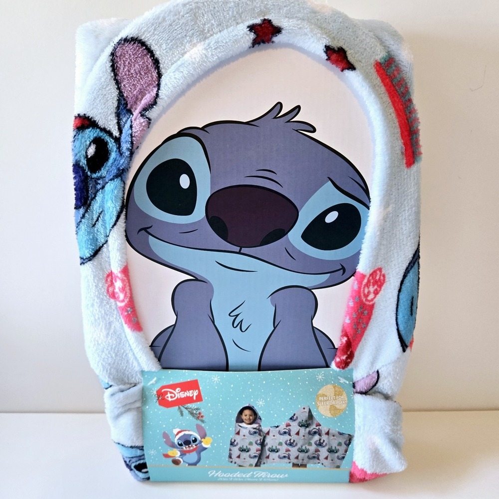 Disney Stitch Kids Christmas Winter Holiday Blue Hooded Throw Blanket 30x50 NWT